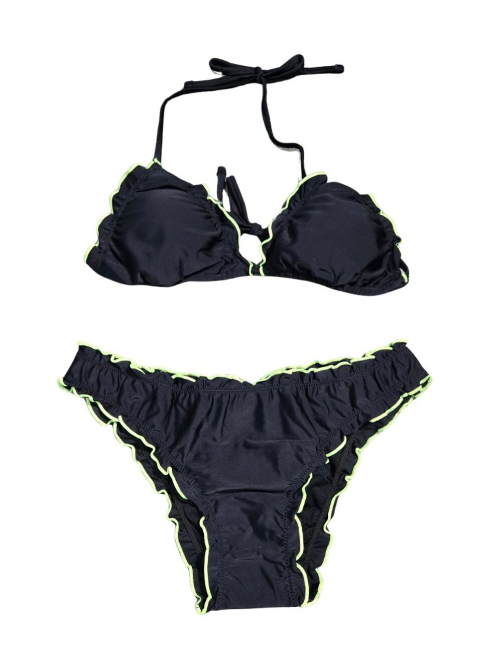NWT | SHEKINI Black & Neon Green Ruffle Trim Halter 2-Piece Bikini Set Small